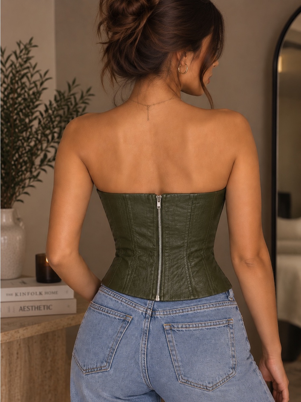 Tiger Mist Women's Olive Green Faux Leather Strapless
Tube Top - Size M - Picture 3 of 9